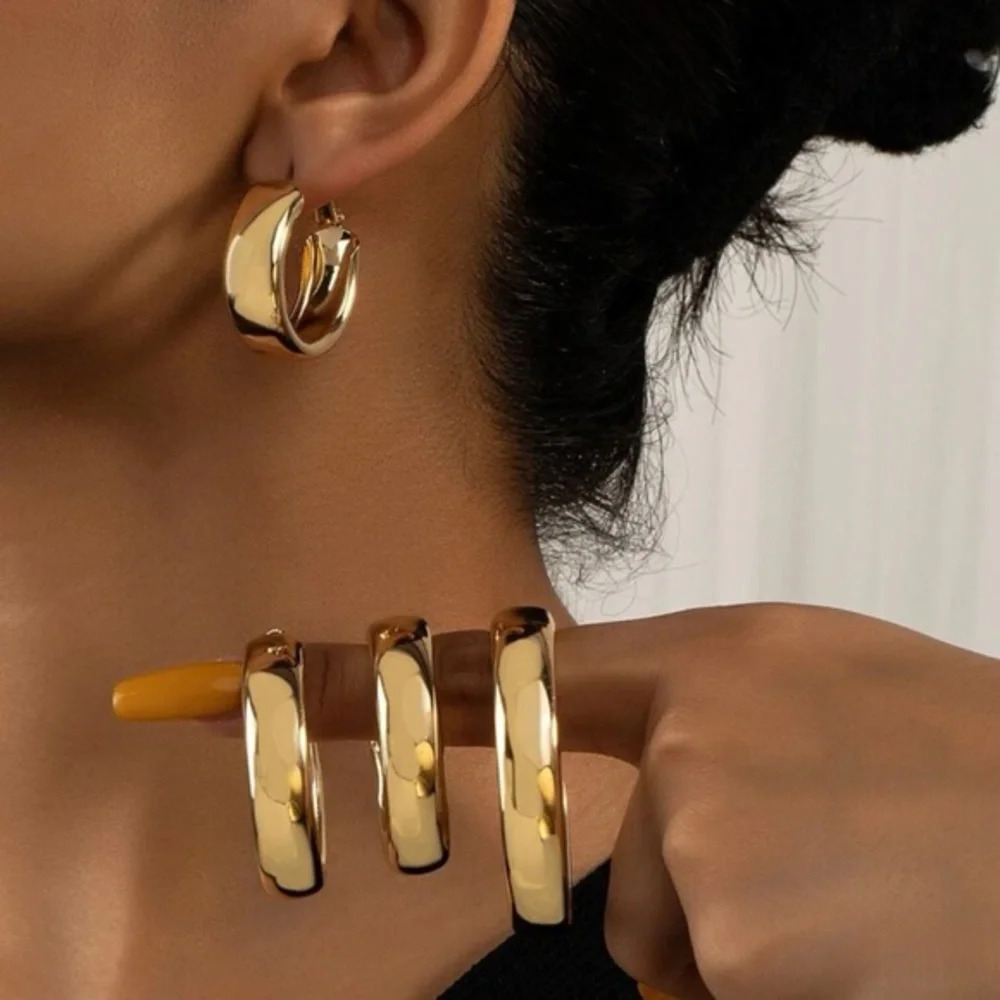 Set of 4 Gold Tone Thick Hoop Earrings Big Statement Jewelry Gift Fashion NEW